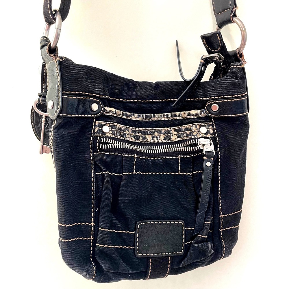 Fossil Black Denim Leather‎ Trim Crossbody Bag Floral Lining Key Charm Pocket